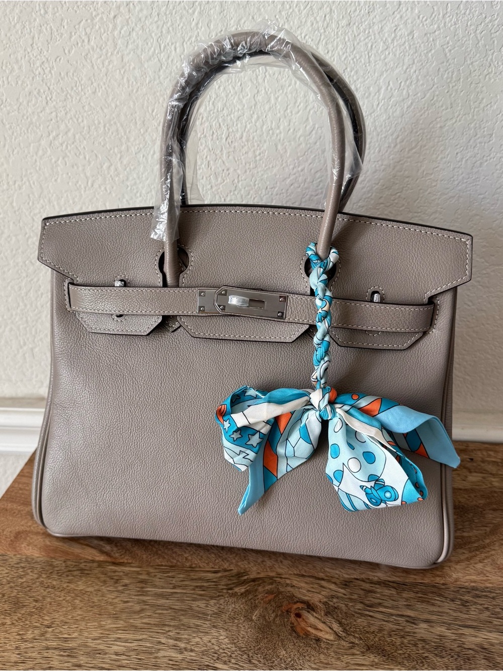 LEATHER INSIDE & OUT Taupe Gray 30 BK Satchel Structured Belted w/ Silver HW B1